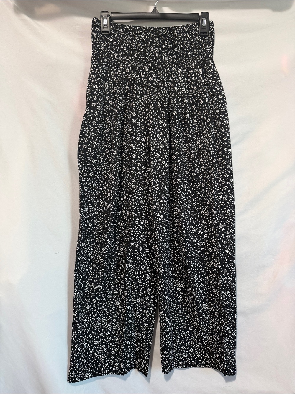 Smocked High-Waist Wide Leg Pants - Black with White Dot Print